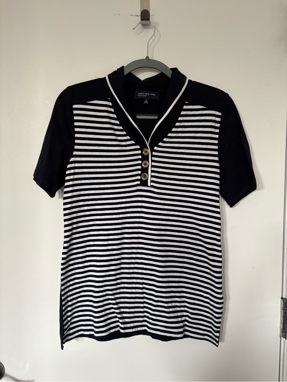 Jones New York Navy and White Striped Polo
